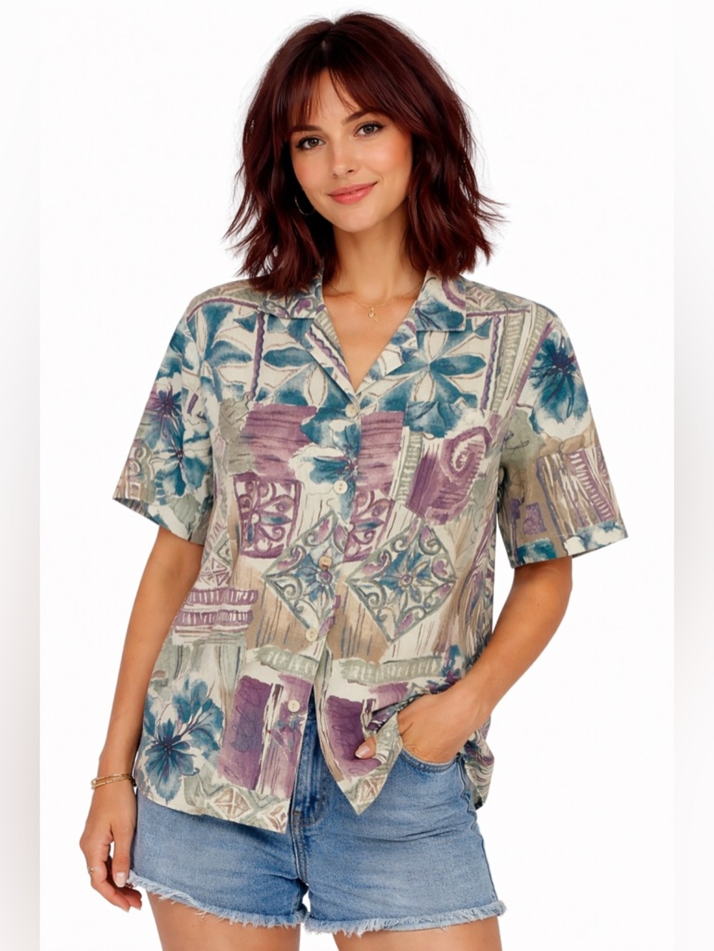 Vintage 80s Season Ticket Blouse Medium Boho Abstract Print Pocket Top